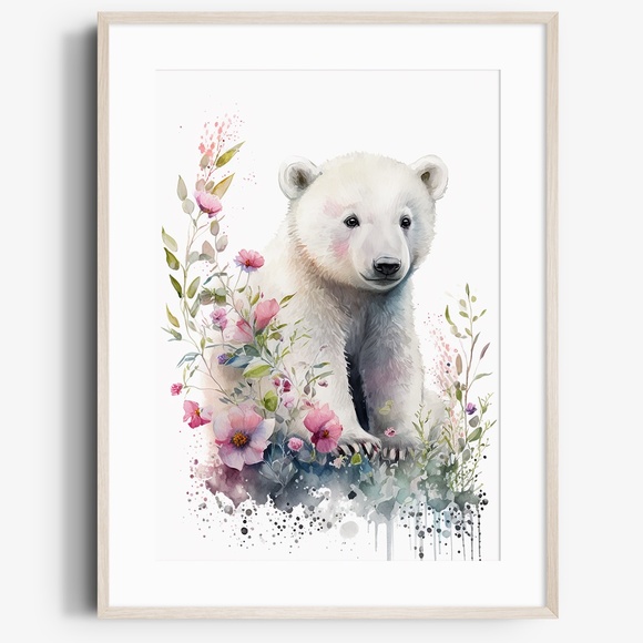 Other - Floral Polar Bear Watercolor Wall Art Illustration Print Poster Unframed